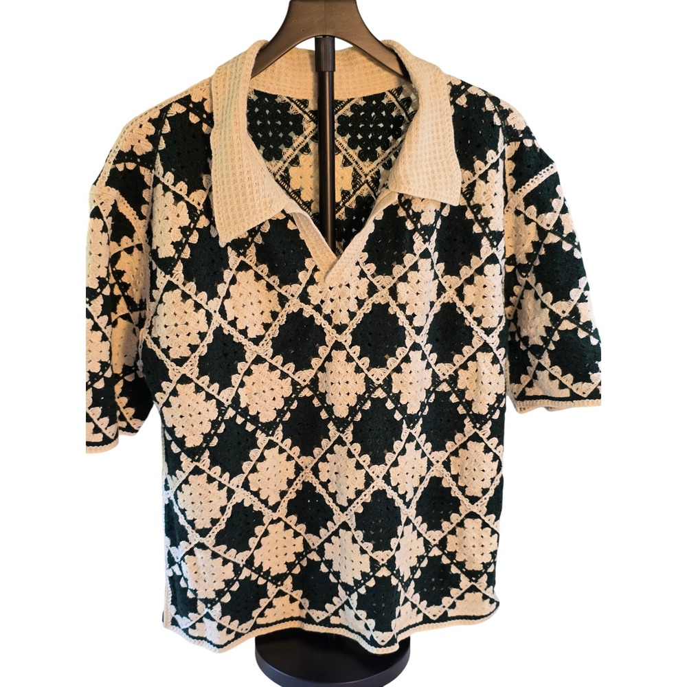 Sumwon Crochet Knit Polo Sweater Green Cream Diamond Granny Square Size M Boho